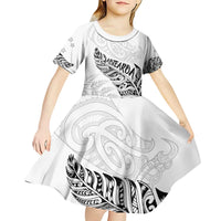 Aotearoa Personalized Lawn Bowls Maori Kid Short Sleeve Dress New Zealand White Tribal Silver Fern LT7 - Polynesian Pride