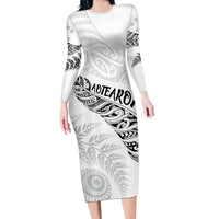 Aotearoa Personalized Lawn Bowls Maori Long Sleeve Bodycon Dress New Zealand White Tribal Silver Fern - Polynesian Pride