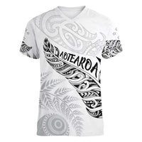 Aotearoa Personalized Lawn Bowls Maori Women V-Neck T-Shirt New Zealand White Tribal Silver Fern - Polynesian Pride