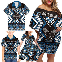 Personalised Taniko Motifs Aotearoa Family Matching Off Shoulder Short Dress and Hawaiian Shirt Waitangi Kowhaiwhai Kiwi - Blue