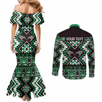 Personalised Taniko Motifs Aotearoa Couples Matching Mermaid Dress and Long Sleeve Button Shirt Waitangi Kowhaiwhai Kiwi - Green