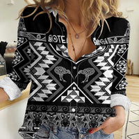 Personalised Taniko Motifs Aotearoa Women Casual Shirt Waitangi Kowhaiwhai Kiwi - Monochrome LT7 Female Grey - Polynesian Pride