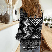 Personalised Taniko Motifs Aotearoa Women Casual Shirt Waitangi Kowhaiwhai Kiwi - Monochrome LT7 - Polynesian Pride