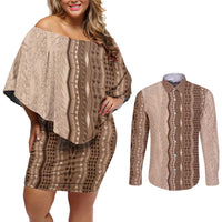 Vintage Beige Hawaiian Traditional Kapa Mix Flowers Lei Couples Matching Off Shoulder Short Dress and Long Sleeve Button Shirt LT7 Beige - Polynesian Pride