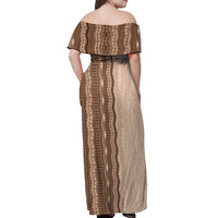Vintage Beige Hawaiian Traditional Kapa Mix Flowers Lei Off Shoulder Maxi Dress