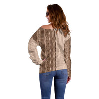 Vintage Beige Hawaiian Traditional Kapa Mix Flowers Lei Off Shoulder Sweater
