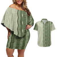 Vintage Sage Green Hawaiian Traditional Kapa Mix Flowers Lei Couples Matching Off Shoulder Short Dress and Hawaiian Shirt LT7 Sage Green - Polynesian Pride