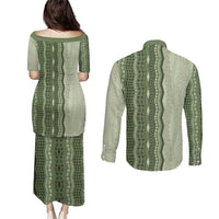 Vintage Sage Green Hawaiian Traditional Kapa Mix Flowers Lei Couples Matching Puletasi and Long Sleeve Button Shirt
