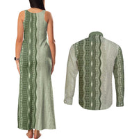 Vintage Sage Green Hawaiian Traditional Kapa Mix Flowers Lei Couples Matching Tank Maxi Dress and Long Sleeve Button Shirt LT7 - Polynesian Pride