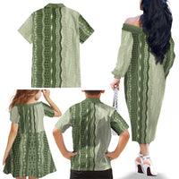 Vintage Sage Green Hawaiian Traditional Kapa Mix Flowers Lei Family Matching Off The Shoulder Long Sleeve Dress and Hawaiian Shirt LT7 - Polynesian Pride