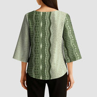 Vintage Sage Green Hawaiian Traditional Kapa Mix Flowers Lei Kimono Sleeve Blouse