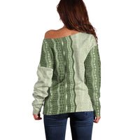 Vintage Sage Green Hawaiian Traditional Kapa Mix Flowers Lei Off Shoulder Sweater