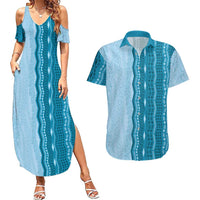 Vintage Cobalt Blue Hawaiian Traditional Kapa Mix Flowers Lei Couples Matching Summer Maxi Dress and Hawaiian Shirt LT7 Cobalt Blue - Polynesian Pride