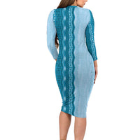 Vintage Cobalt Blue Hawaiian Traditional Kapa Mix Flowers Lei Long Sleeve Bodycon Dress