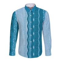Vintage Cobalt Blue Hawaiian Traditional Kapa Mix Flowers Lei Long Sleeve Button Shirt