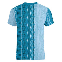 Vintage Cobalt Blue Hawaiian Traditional Kapa Mix Flowers Lei Women V-Neck T-Shirt LT7 - Polynesian Pride