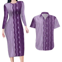 Vintage Violet Hawaiian Traditional Kapa Mix Flowers Lei Couples Matching Long Sleeve Bodycon Dress and Hawaiian Shirt LT7 Violet - Polynesian Pride