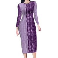 Vintage Violet Hawaiian Traditional Kapa Mix Flowers Lei Long Sleeve Bodycon Dress LT7 Long Dress Violet - Polynesian Pride