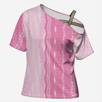 Vintage Pink Hawaiian Traditional Kapa Mix Flowers Lei Cross Shoulder Shirt