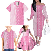 Vintage Pink Hawaiian Traditional Kapa Mix Flowers Lei Family Matching Off The Shoulder Long Sleeve Dress and Hawaiian Shirt LT7 - Polynesian Pride