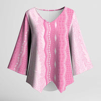 Vintage Pink Hawaiian Traditional Kapa Mix Flowers Lei Kimono Sleeve Blouse