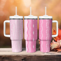 Vintage Pink Hawaiian Traditional Kapa Mix Flowers Lei Tumbler With Handle