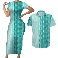 Vintage Teal Hawaiian Traditional Kapa Mix Flowers Lei Couples Matching Short Sleeve Bodycon Dress and Hawaiian Shirt LT7 Teal - Polynesian Pride