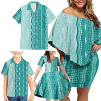 Vintage Teal Hawaiian Traditional Kapa Mix Flowers Lei Family Matching Off Shoulder Short Dress and Hawaiian Shirt LT7 - Polynesian Pride