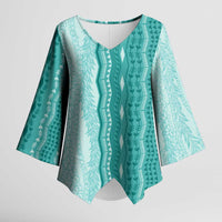 Vintage Teal Hawaiian Traditional Kapa Mix Flowers Lei Kimono Sleeve Blouse