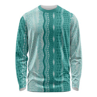 Vintage Teal Hawaiian Traditional Kapa Mix Flowers Lei Long Sleeve Shirt