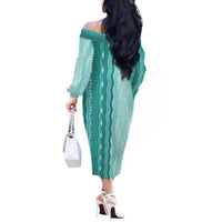 Vintage Teal Hawaiian Traditional Kapa Mix Flowers Lei Off The Shoulder Long Sleeve Dress