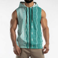 Vintage Teal Hawaiian Traditional Kapa Mix Flowers Lei Sleeveless Zip Hoodie