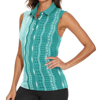 Vintage Teal Hawaiian Traditional Kapa Mix Flowers Lei Women Sleeveless Polo Shirt LT7 - Polynesian Pride