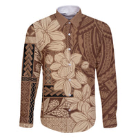 Samoa Women's Day Family Matching Long Sleeve Bodycon Dress and Hawaiian Shirt Tiale Flower Mix Siapo Tapa LT7 Dad's Shirt - Long Sleeve Beige - Polynesian Pride