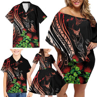 Aloha Hawaii Manta Rays Family Matching Off Shoulder Short Dress and Hawaiian Shirt Red Ohia Lehua