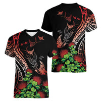 Aloha Hawaii Manta Rays Women V-Neck T-Shirt Red Ohia Lehua