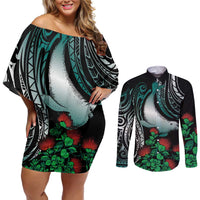 Aloha Hawaii Monk Seal Couples Matching Off Shoulder Short Dress and Long Sleeve Button Shirt Mix Ohia Lehua