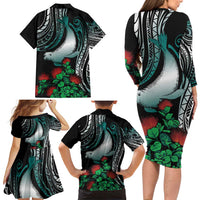 Aloha Hawaii Monk Seal Family Matching Long Sleeve Bodycon Dress and Hawaiian Shirt Mix Ohia Lehua