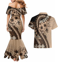 Bula Fiji Couples Matching Mermaid Dress and Hawaiian Shirt Mocha Brown Kaivity Masi Tapa