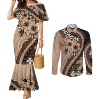 Bula Fiji Couples Matching Mermaid Dress and Long Sleeve Button Shirt Mocha Brown Kaivity Masi Tapa