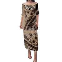 Bula Fiji Family Matching Puletasi and Hawaiian Shirt Mocha Brown Kaivity Masi Tapa