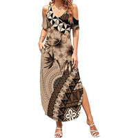 Bula Fiji Family Matching Summer Maxi Dress and Hawaiian Shirt Mocha Brown Kaivity Masi Tapa