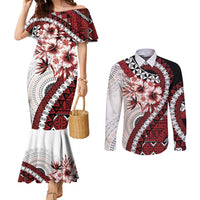 Bula Fiji Couples Matching Mermaid Dress and Long Sleeve Button Shirt White Kaivity Masi Tapa