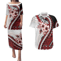 Bula Fiji Couples Matching Puletasi and Hawaiian Shirt White Kaivity Masi Tapa