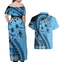 Bula Fiji Couples Matching Off Shoulder Maxi Dress and Hawaiian Shirt Turquoise Kaivity Masi Tapa