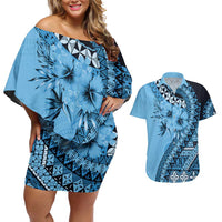 Bula Fiji Couples Matching Off Shoulder Short Dress and Hawaiian Shirt Turquoise Kaivity Masi Tapa