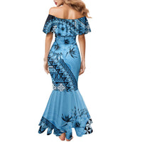 Bula Fiji Family Matching Mermaid Dress and Hawaiian Shirt Turquoise Kaivity Masi Tapa