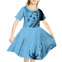 Bula Fiji Kid Short Sleeve Dress Turquoise Kaivity Masi Tapa