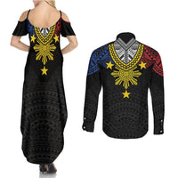 Philippines Heritage Baybayin Mix Polynesian Couples Matching Summer Maxi Dress and Long Sleeve Button Shirt
