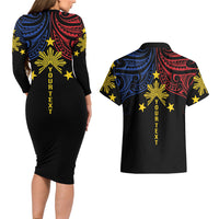 Philippines Heritage Personalized Couples Matching Long Sleeve Bodycon Dress and Hawaiian Shirt Baybayin Philipinas Sun
